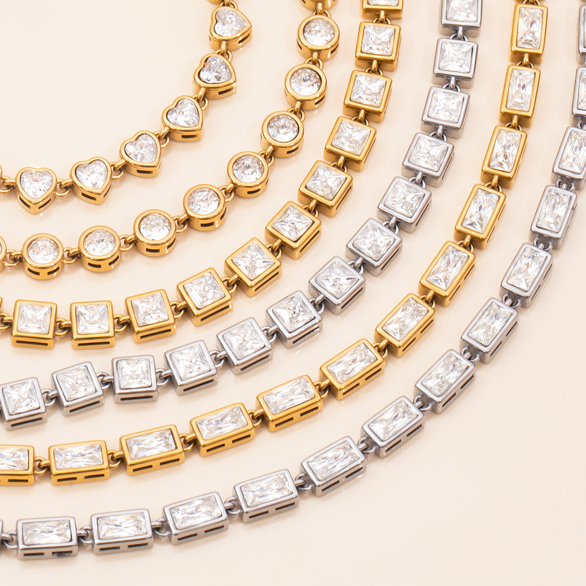 Wholesale  18K Gold Stainless Steel Square White Zircon Watch with Tennis Chain Bracelet