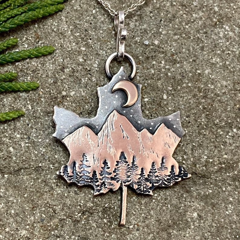 Wholesale  Retro Moon Night Mountain Forest Pattern Maple Leaf Shape Necklace