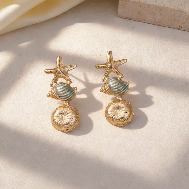 Wholesale Ocean-Inspired Textured Gold Conch and Starfish Stud Earrings