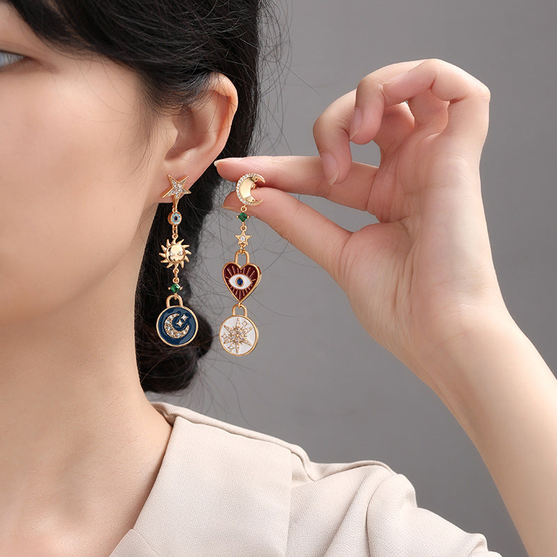 Wholesale Zirconia Star and Moon Series Asymmetrical Long Tassel Earrings