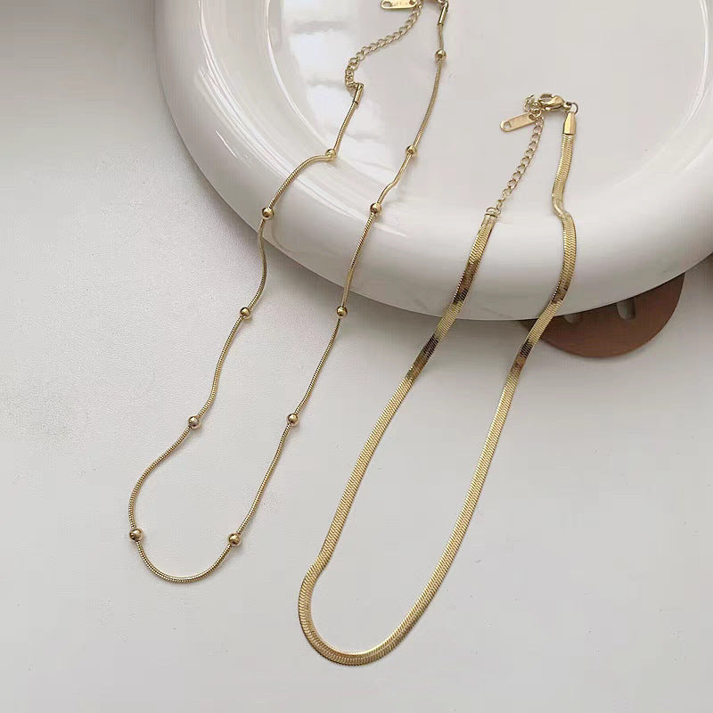 Wholesale Double Layer Flat Snake Chain Stackable Titanium Steel Gold Plated Necklace