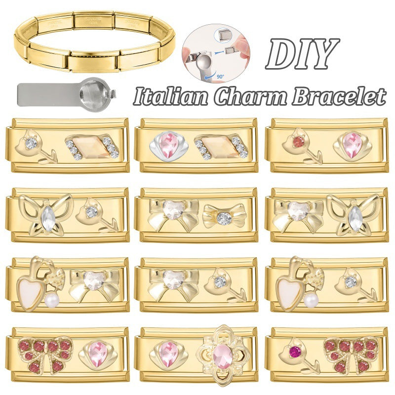 Wholesale Stainless Steel DIY Modular Bracelet Set Gold Rhinestone Butterfly Pearl Jewelry Accessory