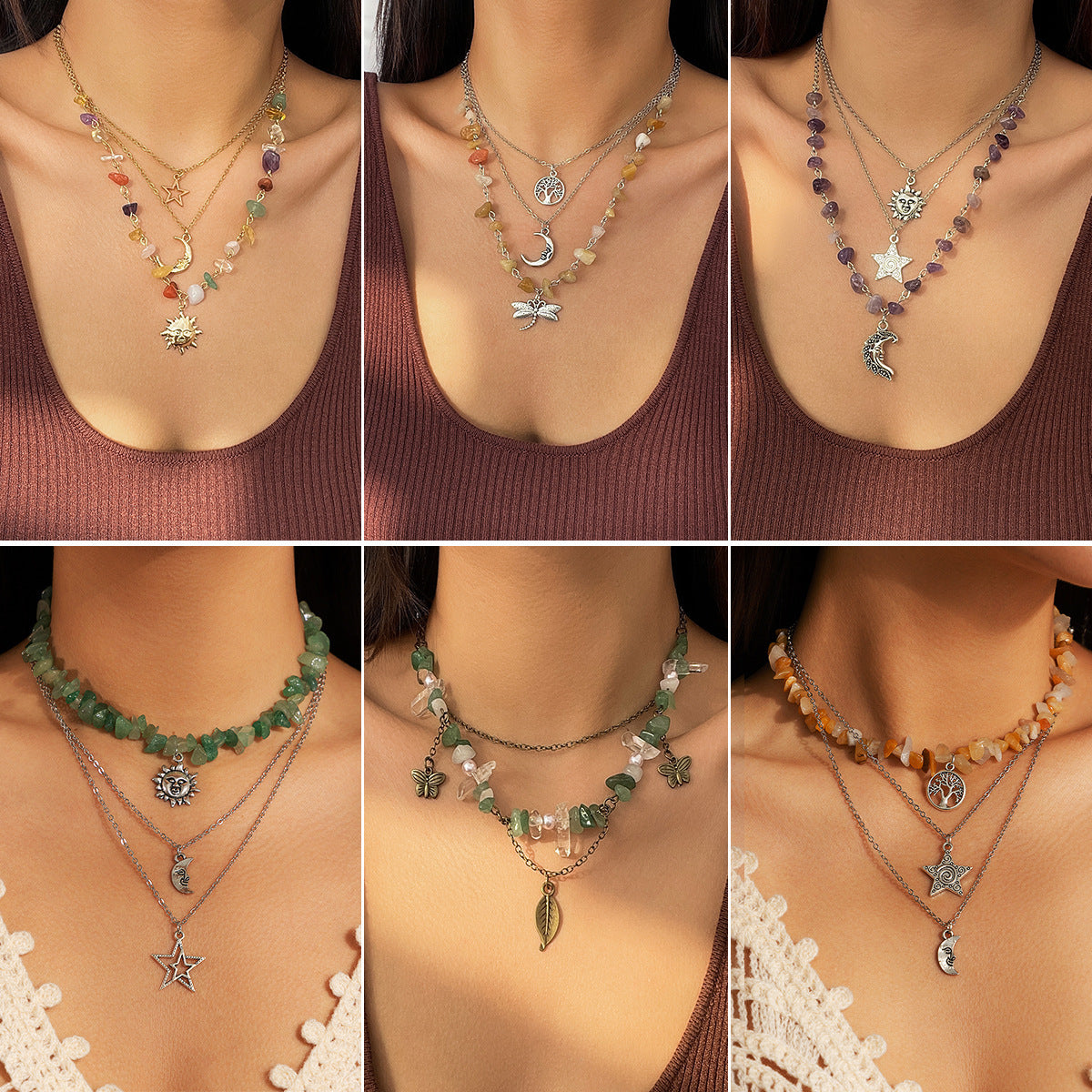 Wholesale Retro Moon Zircon Necklace Mint Green Leaf Design Layering Jewelry Fashion Accessory