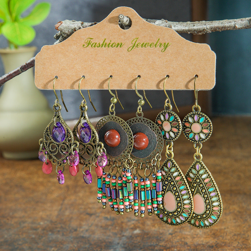 Wholesale Retro Ethnic Round Metal Tassel Earrings Set Fashion Accessory