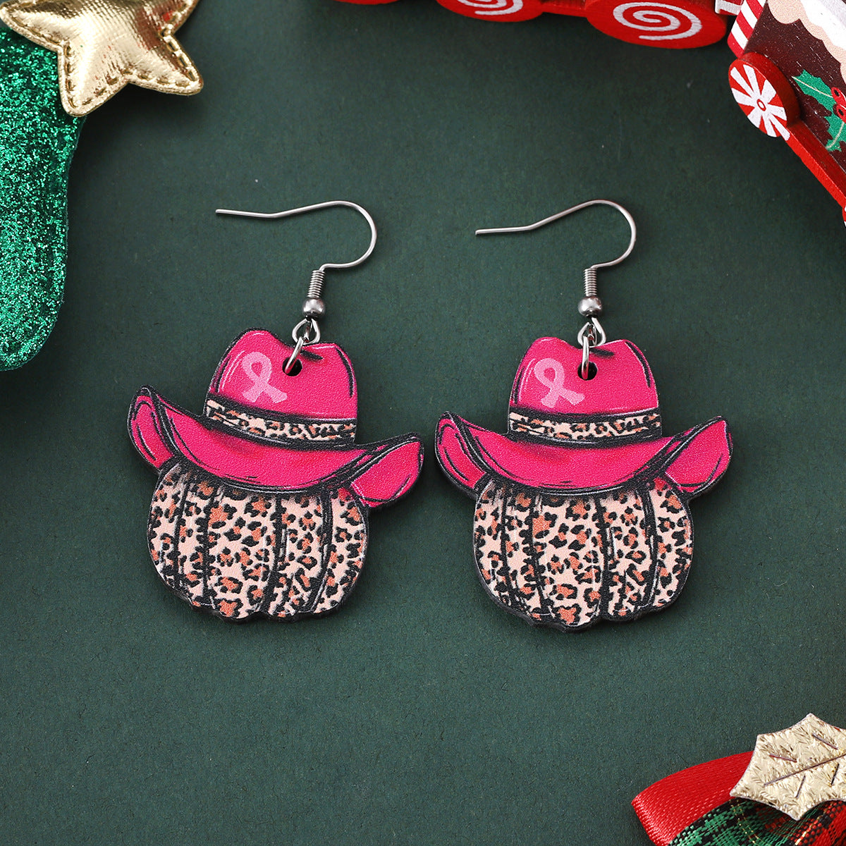 Wholesale Thanksgiving Hat Bow Leopard Print Pumpkin Wood Western Style Earrings ACC-ES-ChuLian078