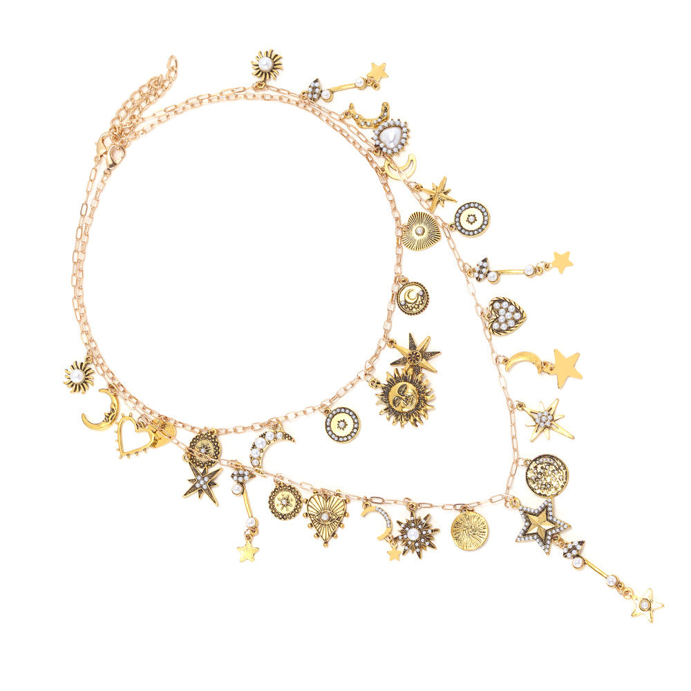 Wholesale  Light Luxury Style Hand-Spliced Multi-Layer Sun Star Moon Pendant Necklace