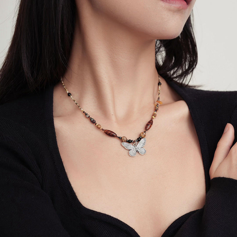 Wholesale Vintage Natural Stone Butterfly Alloy Necklace Titanium Steel ACC-NE-Ziyou002
