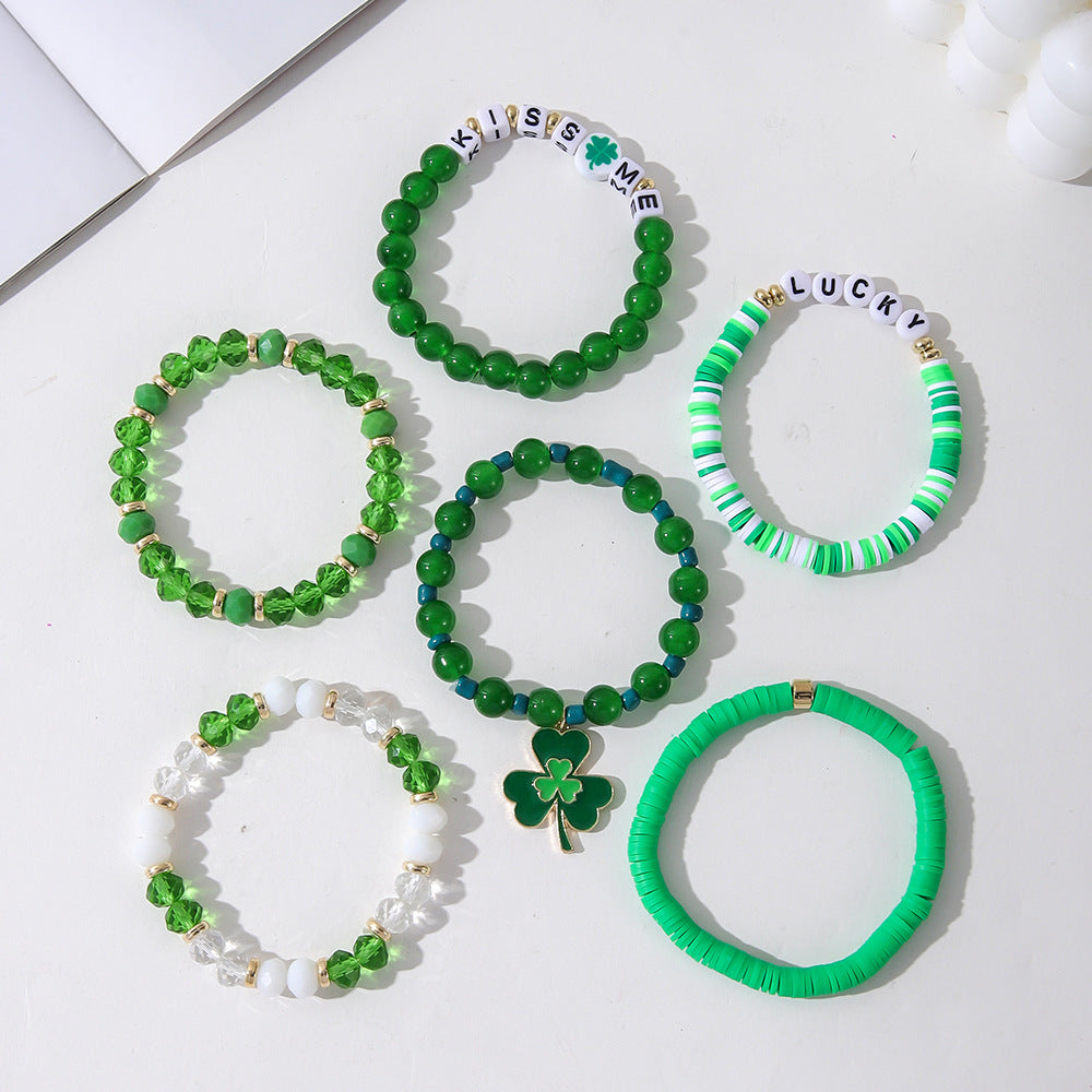 Wholesale St. Patrick's Day Green Crystal Four Leaf Clover Bracelet Set