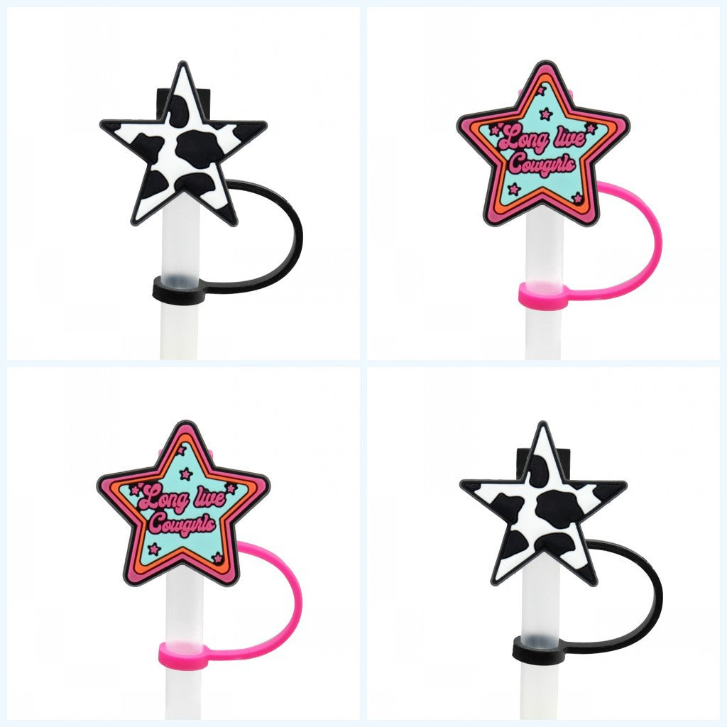 Wholesale 10pcs Cow Patterned Pentagonal Silicone Dustproof Straw Plugs Straw Tube Cap