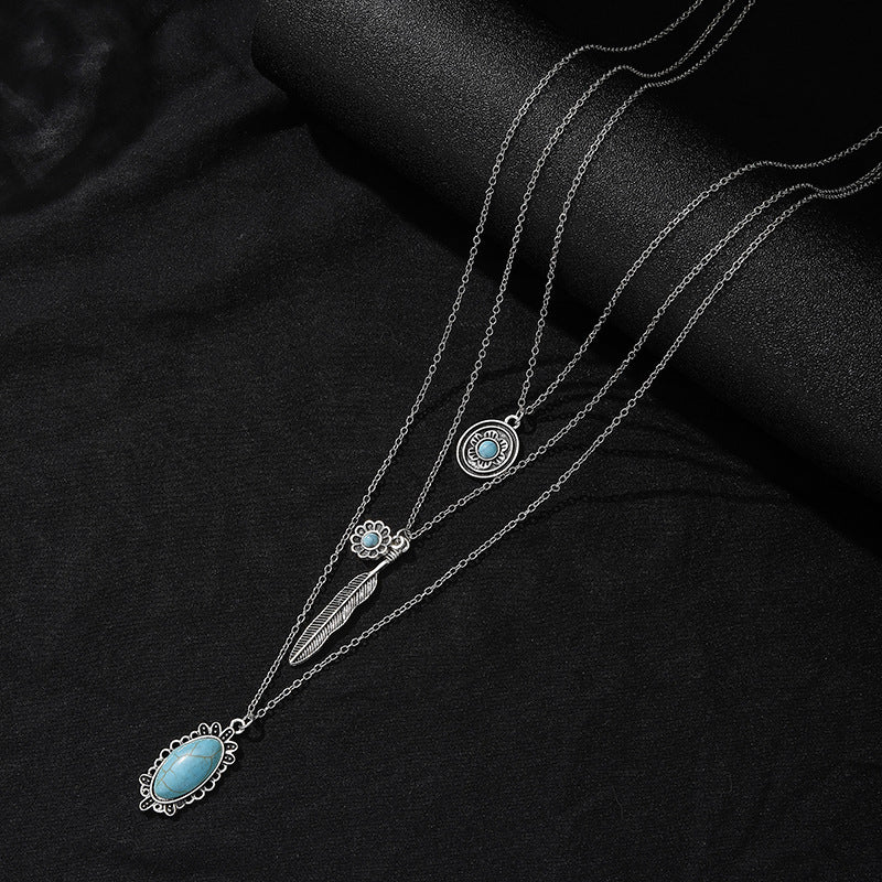 Wholesale Retro Bohemian Turquoise Feather 3-Layer Necklace Fashion Accessory for Boutique Resale