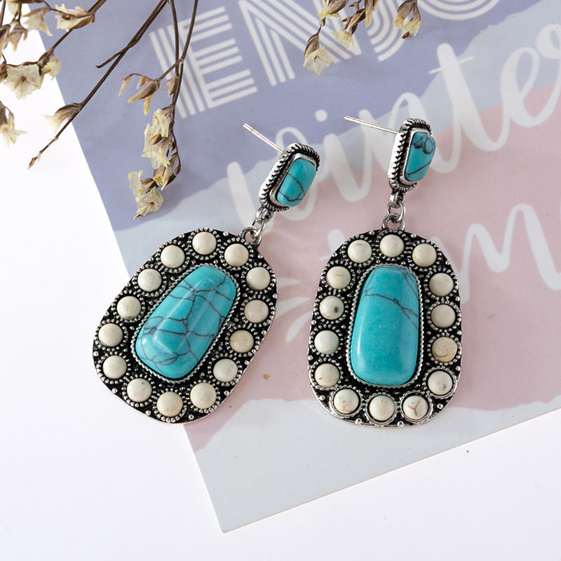 Wholesale Retro Turquoise Earrings Geometric Silver Tone Dangle Design Fashion Accessory for Party Gift