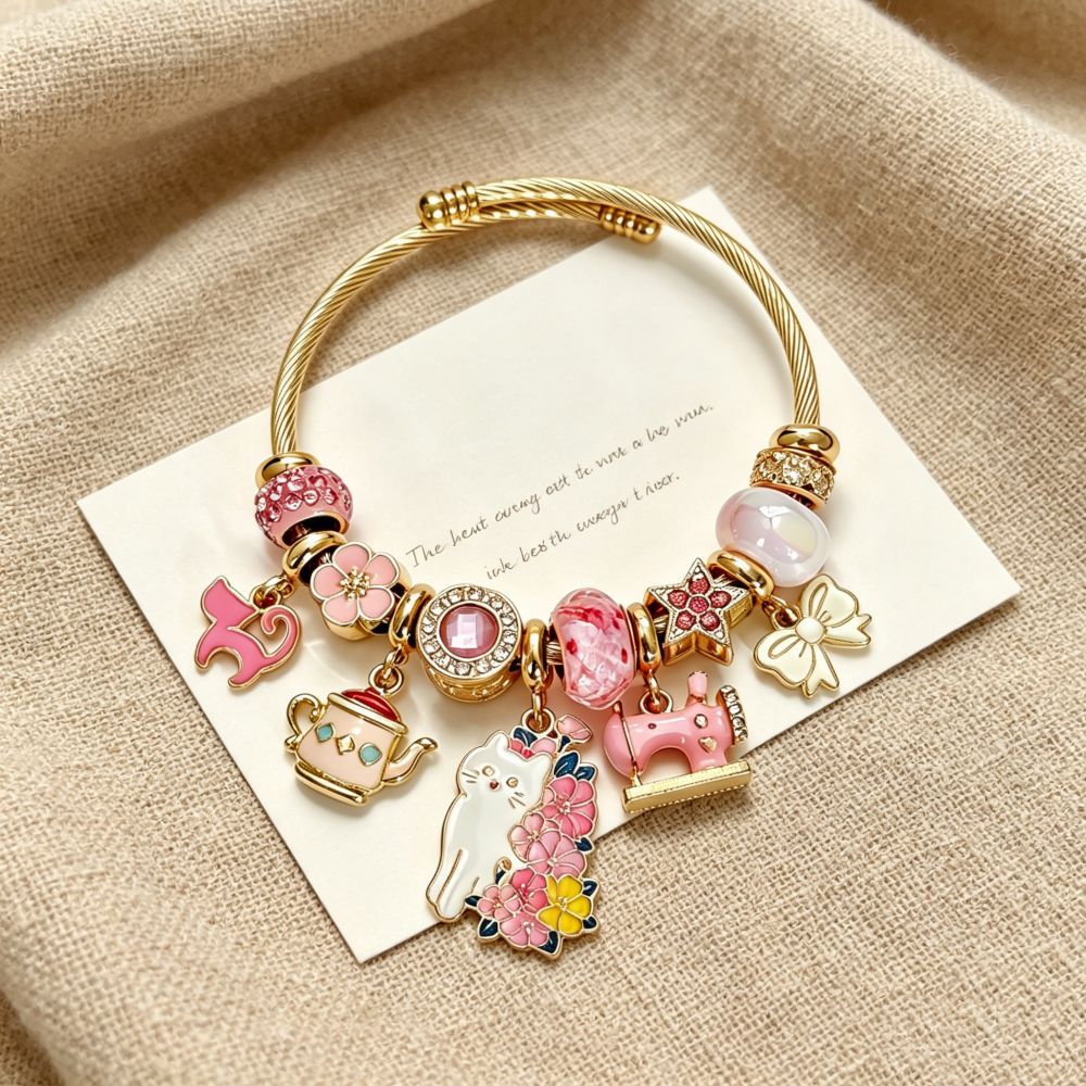 Wholesale Cute Cat Teapot Sewing Machine Charm Bracelet Stainless Steel Open Bangle Trendy Women Jewelry Accessory