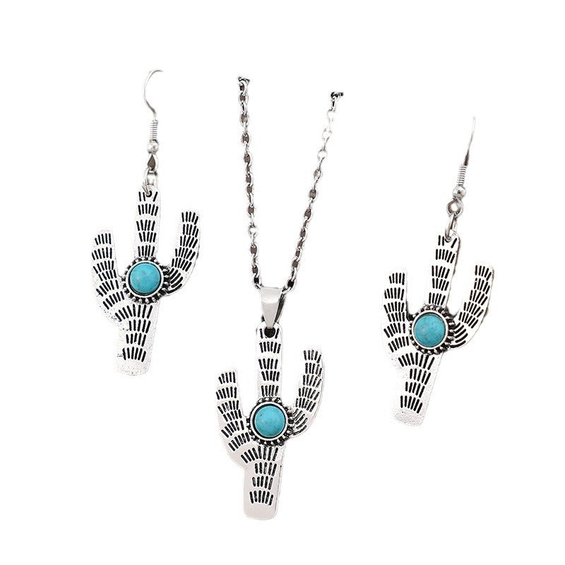 Wholesale Western style new cactus inlaid turquoise alloy Necklace