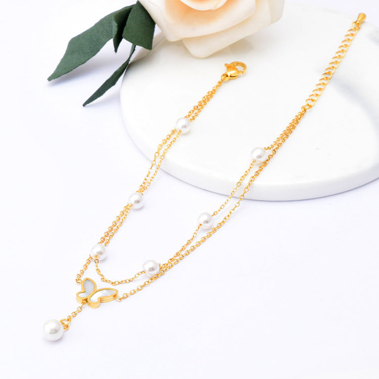 Wholesale Titanium Steel double-layer anklet Pearl butterfly  Shell anklet