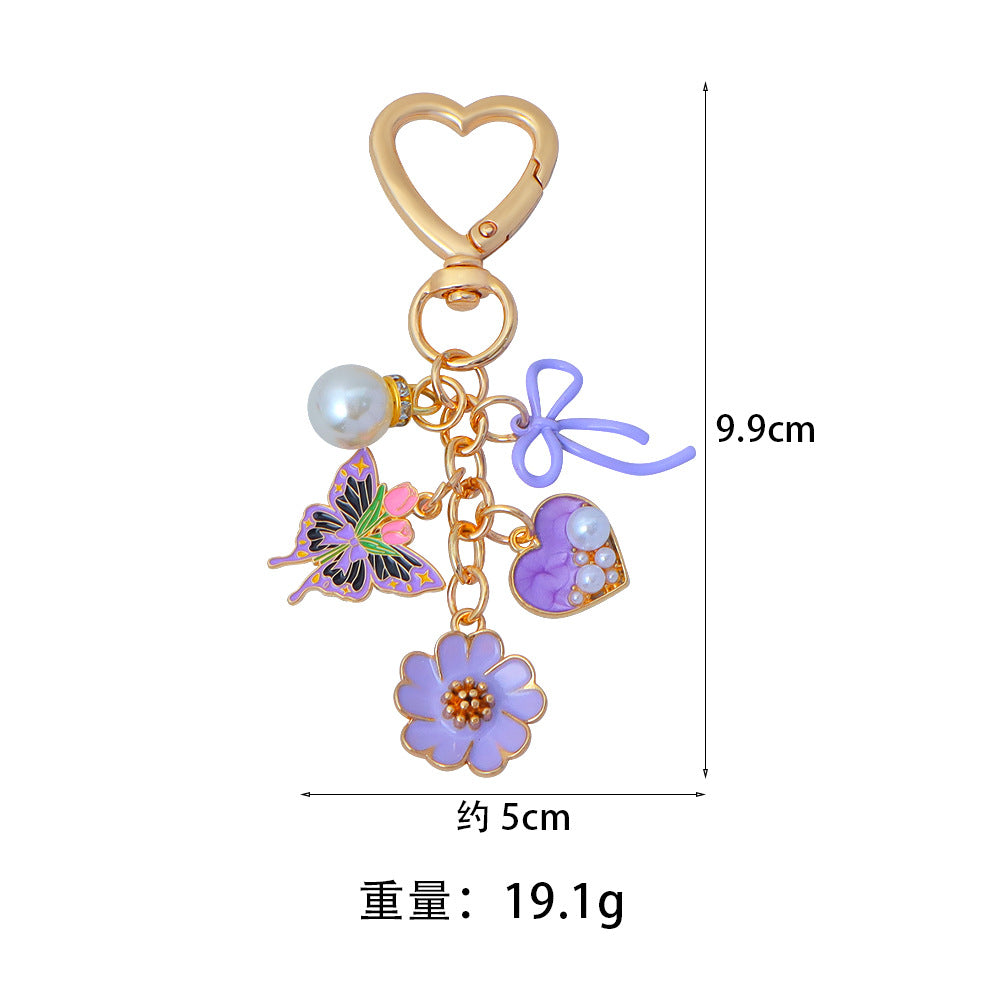 Wholesale Enamel Butterfly Flower Keychain with Pearl Pendant - Trendy Car Key Accessory
