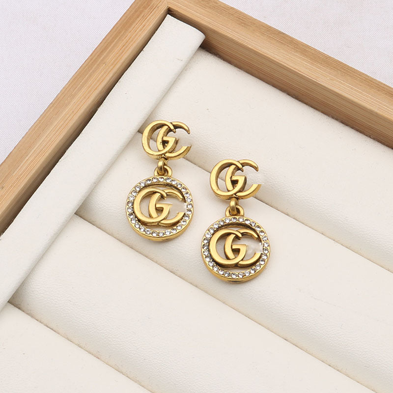 Wholesale Retro European Style Double G Long Circle Earrings Rhinestone Alloy for Women Fashion Accessory