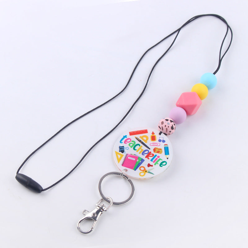 Wholesale Teacher Rainbow Necklace Pendant Cartoon Silicone Beaded Keychain Teacher's Day ACC-KC-GuangTian042