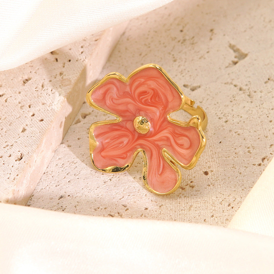 Wholesale oil drop flower ring holiday style stainless steel flower ring