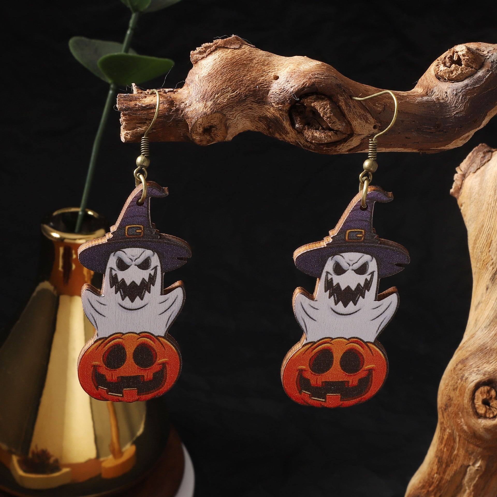 Wholesale  Wooden Printed Ghost Pumpkin Earrings