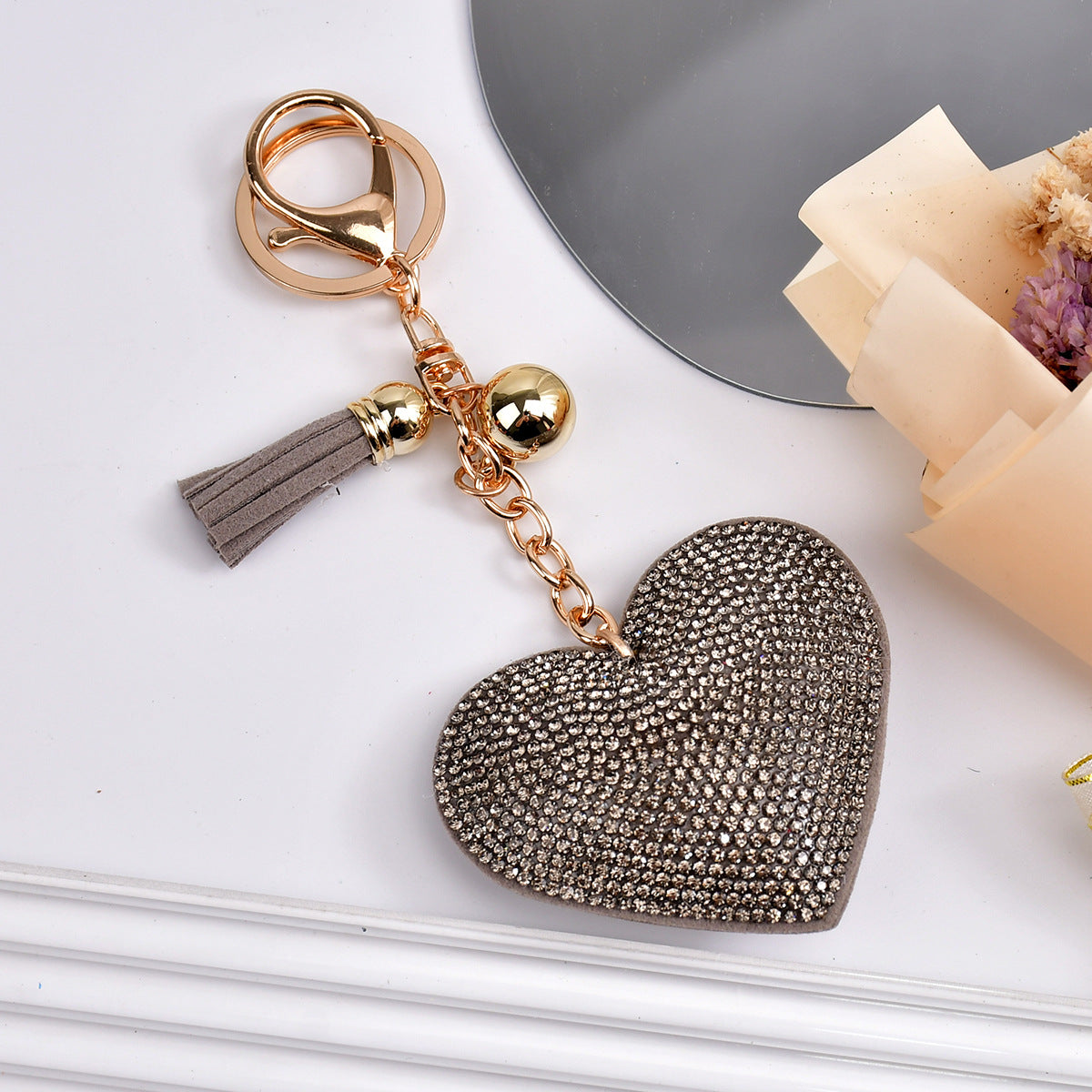 Wholesale  Peach Heart Rhinestone Leather Keychain