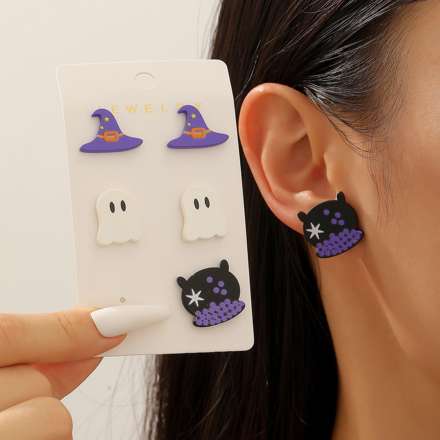 Wholesale Acrylic  Earrings - 3 Pair Set of Witch Hat and Ghost Stud Earrings for Party Wear Boutique Resale