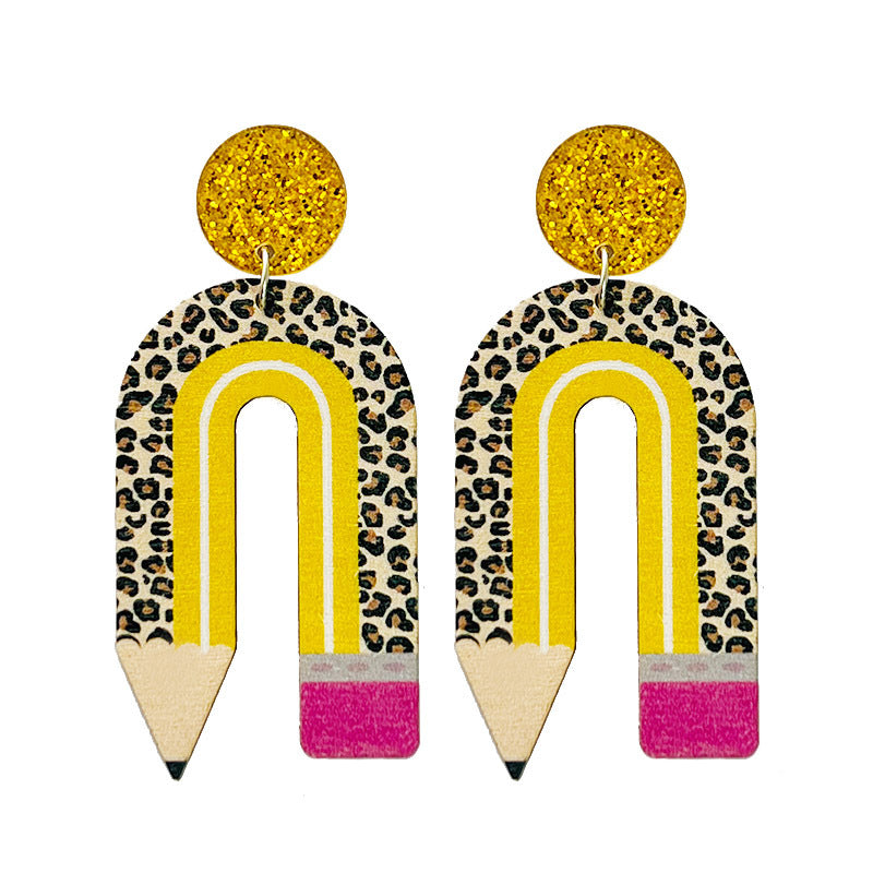 Wholesale 2 Pairs/pack Leopard Print Pencil Rainbow Wooden U-shaped Earrings Teacher's Day ACC-ES-HY028
