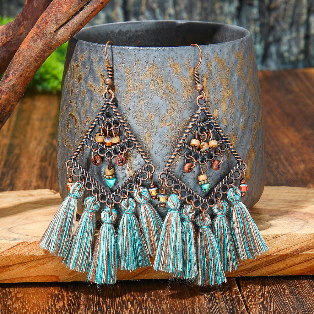 Wholesale Handmade Woven Tassel Earrings Bohemian Style Zinc Alloy Summer Beach Holiday Fashion Accessory
