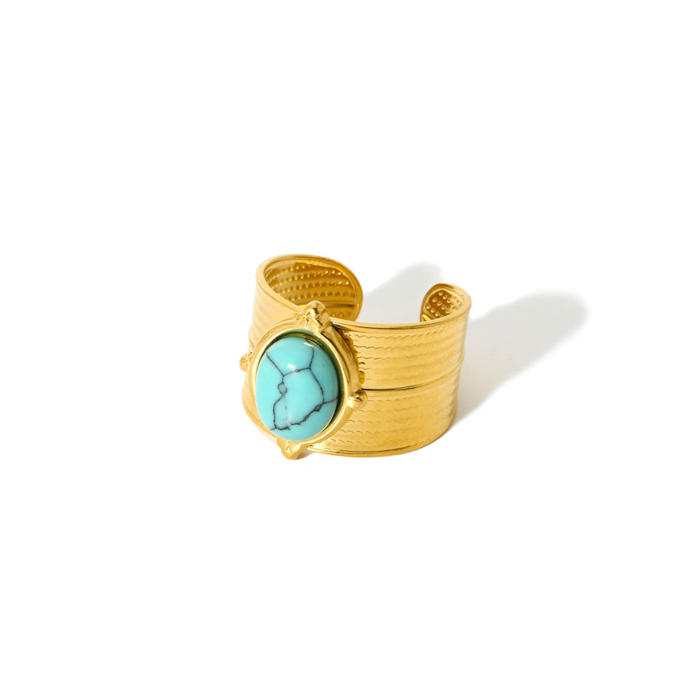 Wholesale Vintage Turquoise Open Ring Gold Plated Titanium Steel Fashion Jewelry Accessory