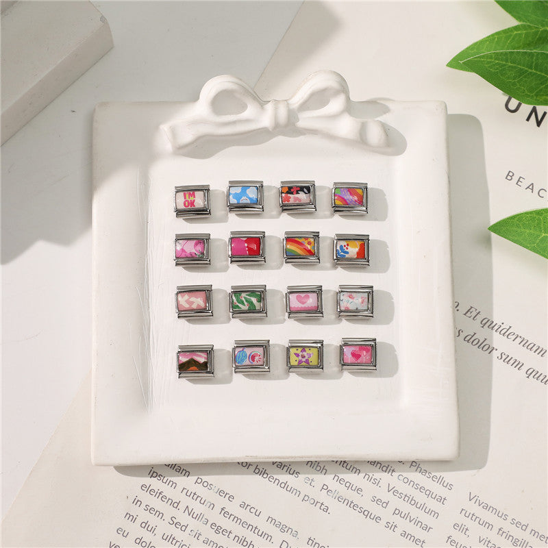 Wholesale Pink Floral Rainbow Heart Stainless Steel DIY Bracelet Charms Jewelry Accessory For Gift Boutique Resale