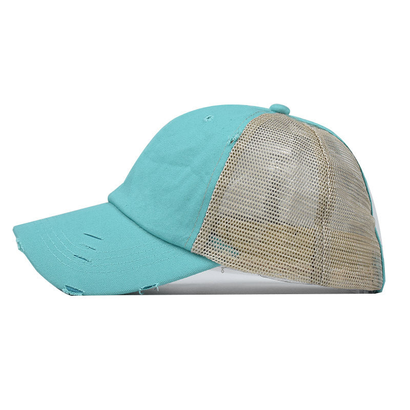 Wholesale Fashion Distressed Ponytail Baseball Cap For Women Curved Brim Adjustable Mesh Sun Hat Outdoor