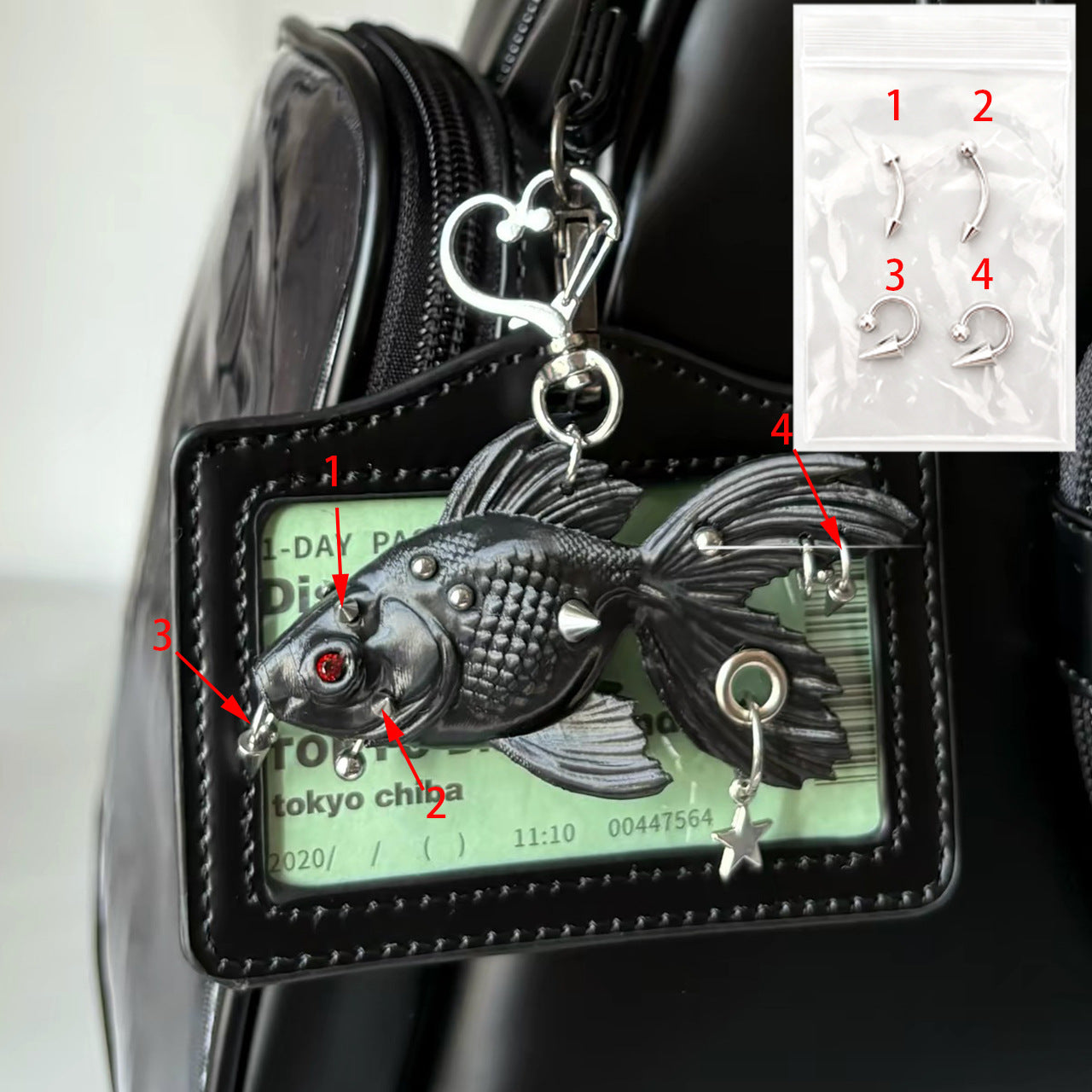 Wholesale 3D Punk Goldfish Keychain Black Resin Bag Charm Fashion Accessory Gift For Everyday Use