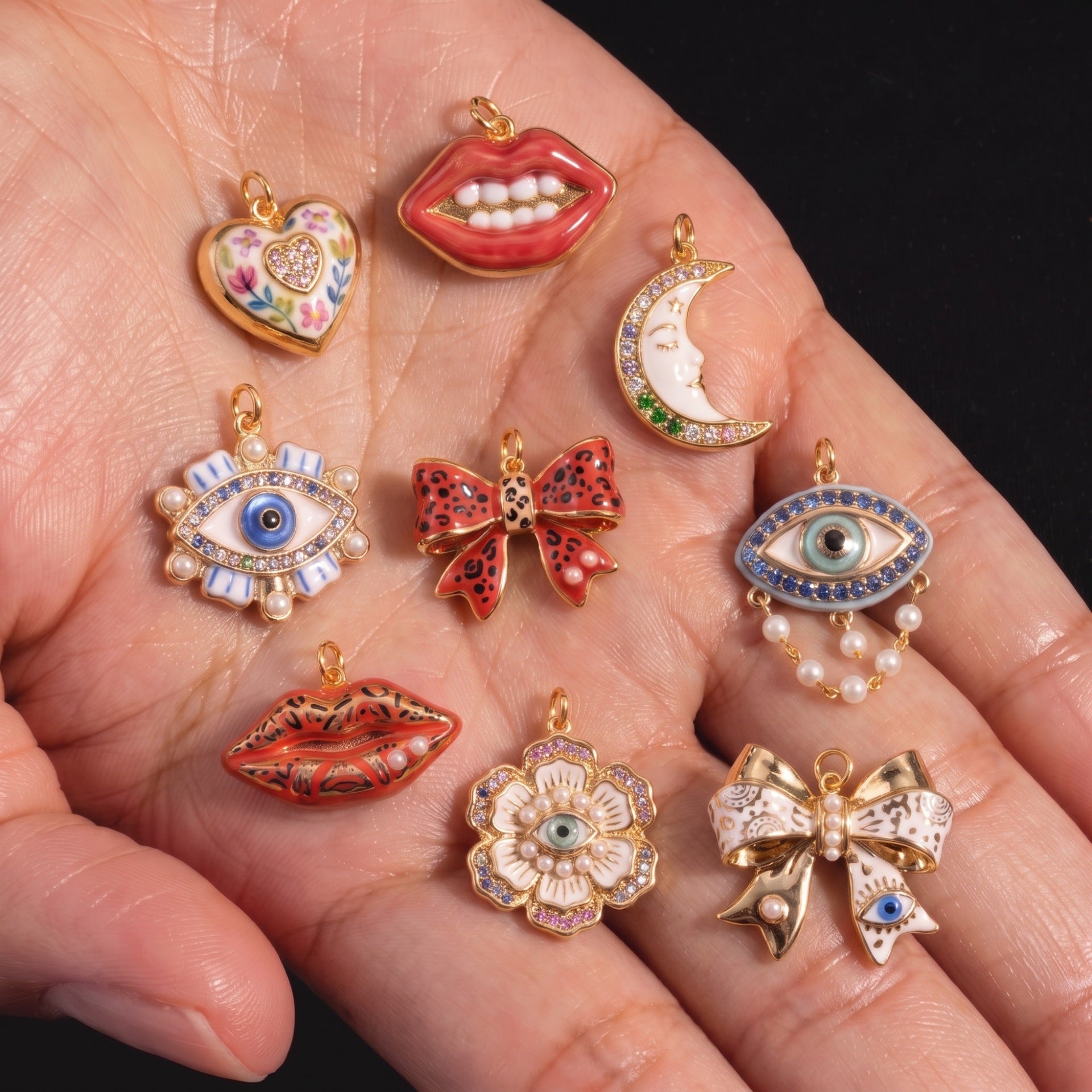 Wholesale Retro Evil Eye Bow Heart Rhinestone Charm DIY Jewelry Accessory 316 Stainless Steel Pendant For Necklace Bracelet Making