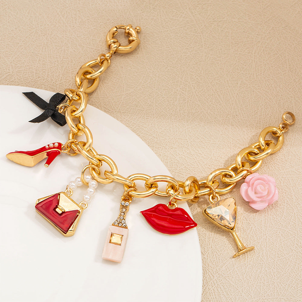 Wholesale  Light Luxury Dropping Oil Lady Lipstick Goblet Pendant Zinc Alloy Bracelet