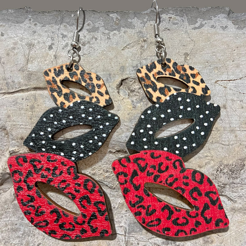 Wholesale 2 Pairs/pack Valentine's Day Lip Color Matching Boots Leopard Print Wood Earrings ACC-ES-HY186