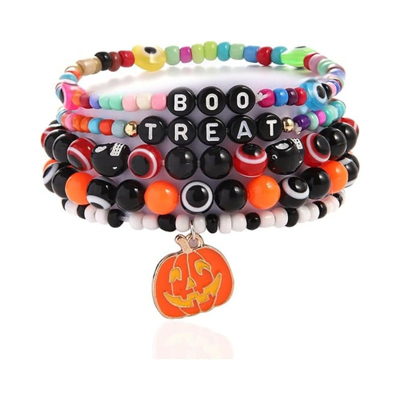 Wholesale Stylish Polymer Clay Beaded Bracelet Set,   White Ghost Theme,  7-Piece Jewelry Accessory for Boutique Resale