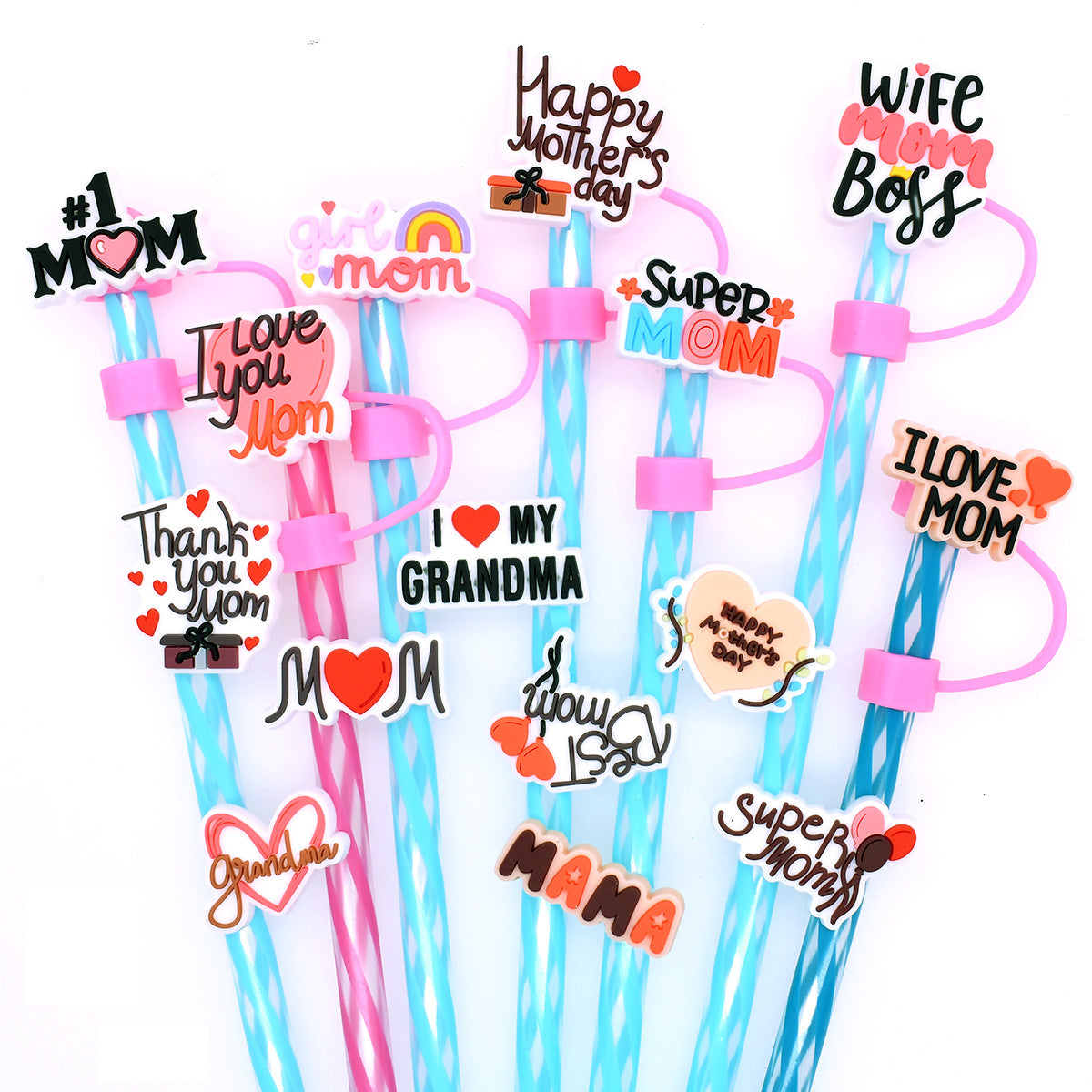 Wholesale Random 10mm 100pcs Mother's Day Straw Tube Cap Soft Glue Straw Decoration Straw Cover ACC-SCR-RYY030