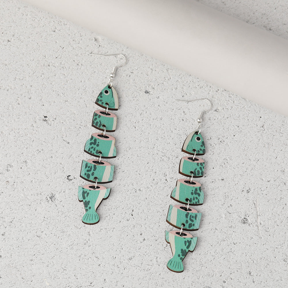 Wholesale  wood earrings personalized fish-shaped multi-segment connection earrings