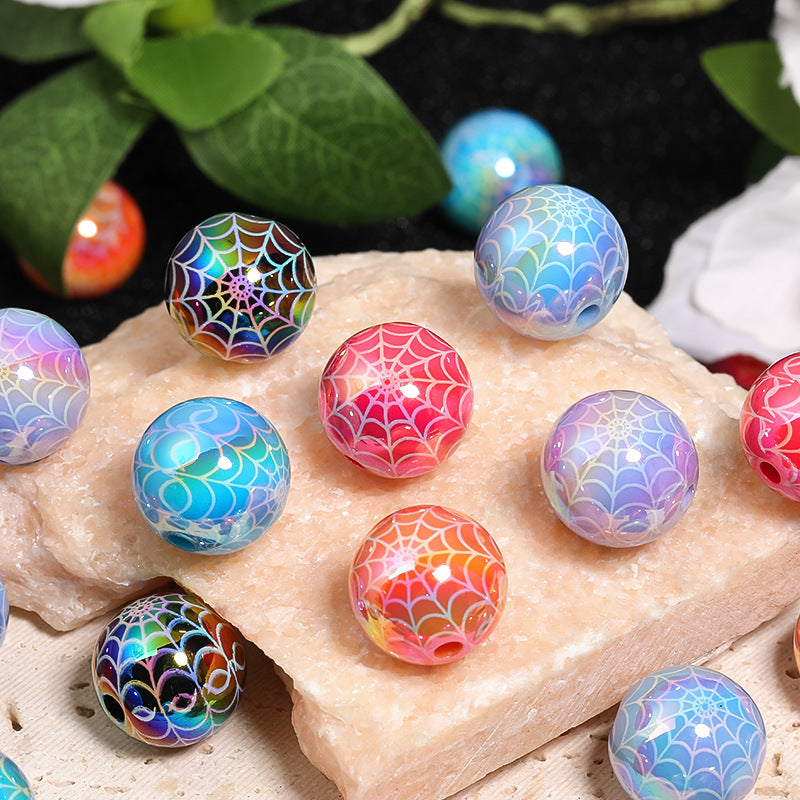Halloween 100pcs Halloween Acrylic Round Beads UV Plated Spider Web Beads Diy Accessories ACC-BDS-BLG102