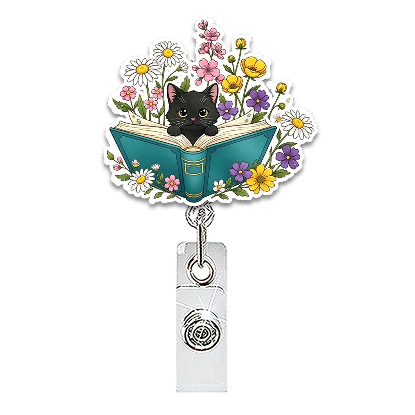 Wholesale Chic Acrylic Black Cat Flower Retractable Badge Reel for Nurse ID Card Holder