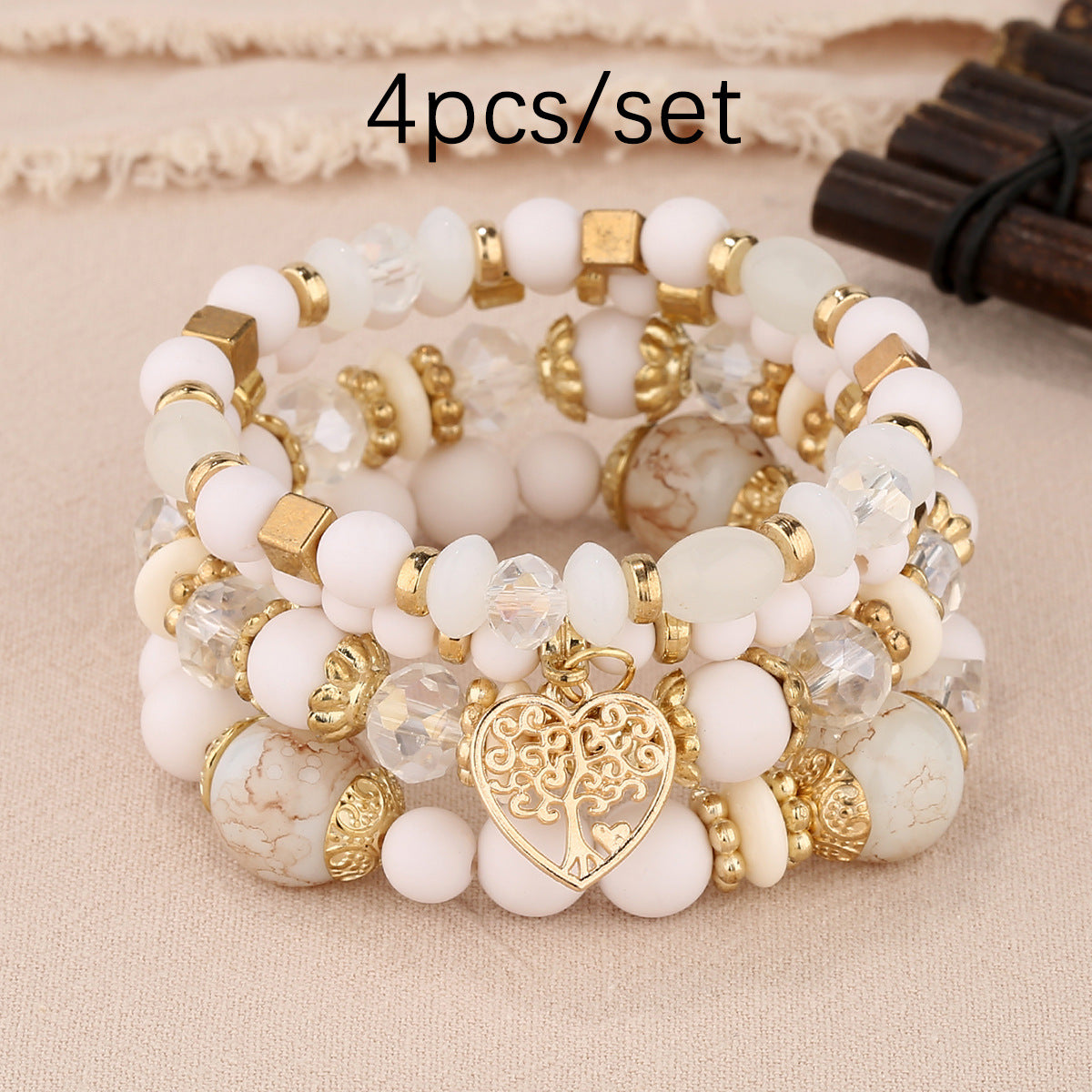 Wholesale Coffee Glass Bead Bohemian Bracelet Set Heart Pendant Tassel Jewelry