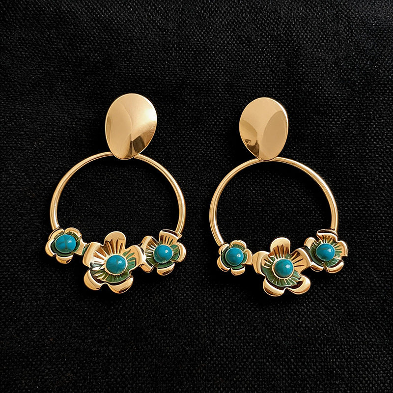 Wholesale Geometric Flower Earrings Silver Gold Blue Retro Style Fashion Jewelry Accessory
