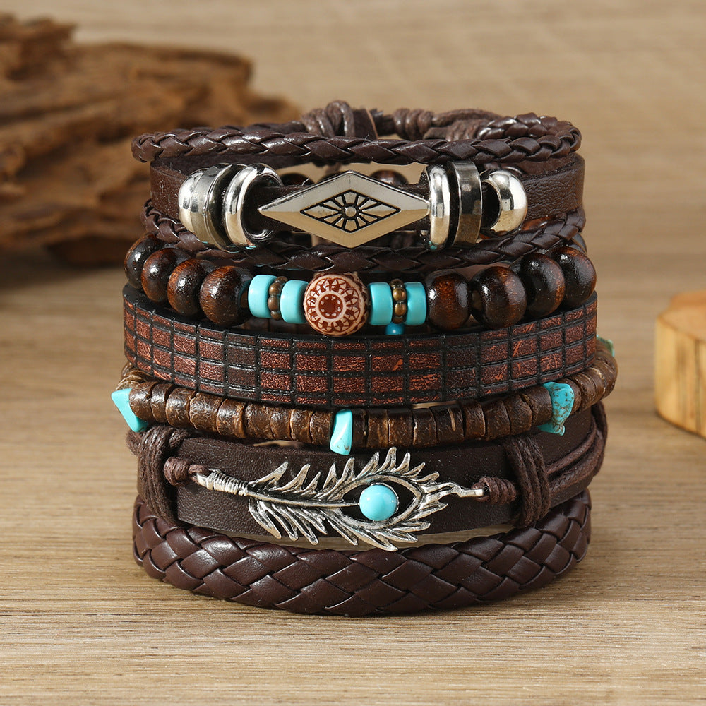 Wholesale  Wooden Beads Beaded Alloy Diamond Peacock Feather Handmade Woven Bracelet