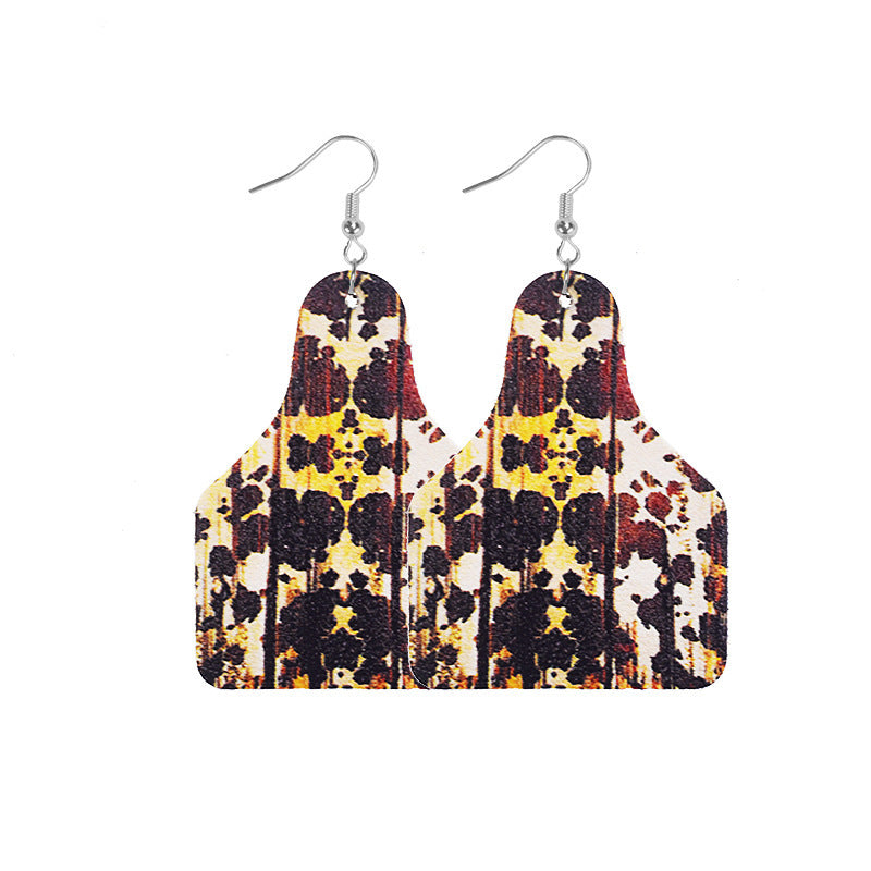 Wholesale Retro Western Cowboy Old Style Flower Bull Head Ethnic Style Print Leather Earrings