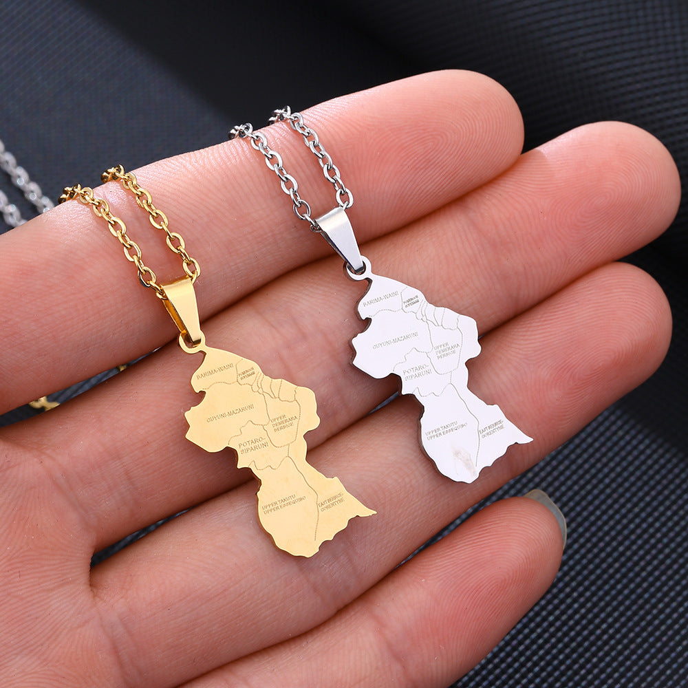 Wholesale  stainless steel Guyana map and city pendant necklace