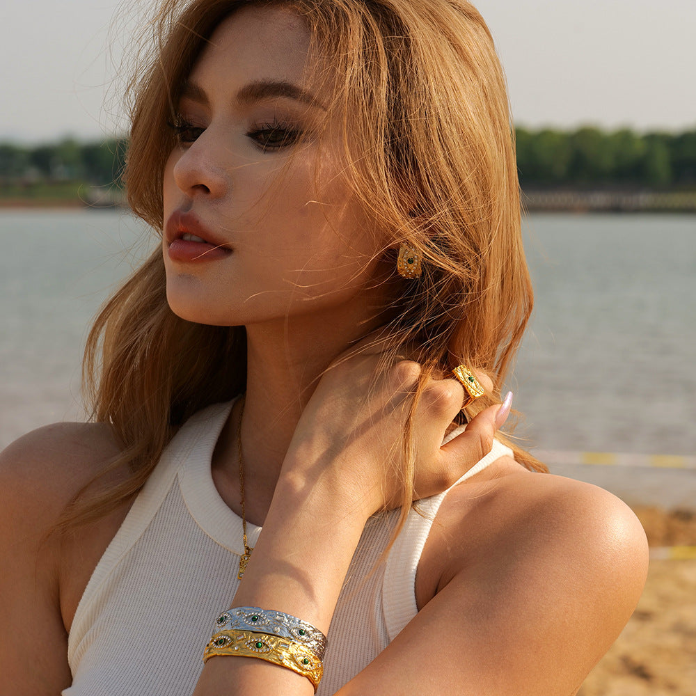 Wholesale 18K Gold Inlaid Zircon Green Malachite Lava Square Devil Eye Ring Stainless Steel Gold Plated Rings ACC-RS-JieDing004