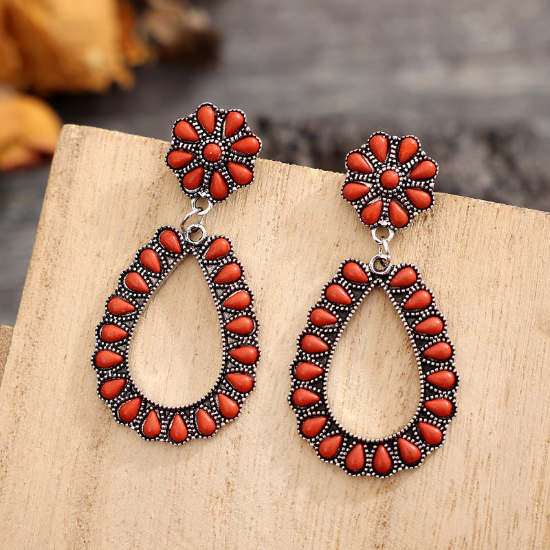 Wholesale Ethnic Style Retro Water Drops Red Pine Stone Earrings Bohemian Exaggerated Pine Stone Earrings