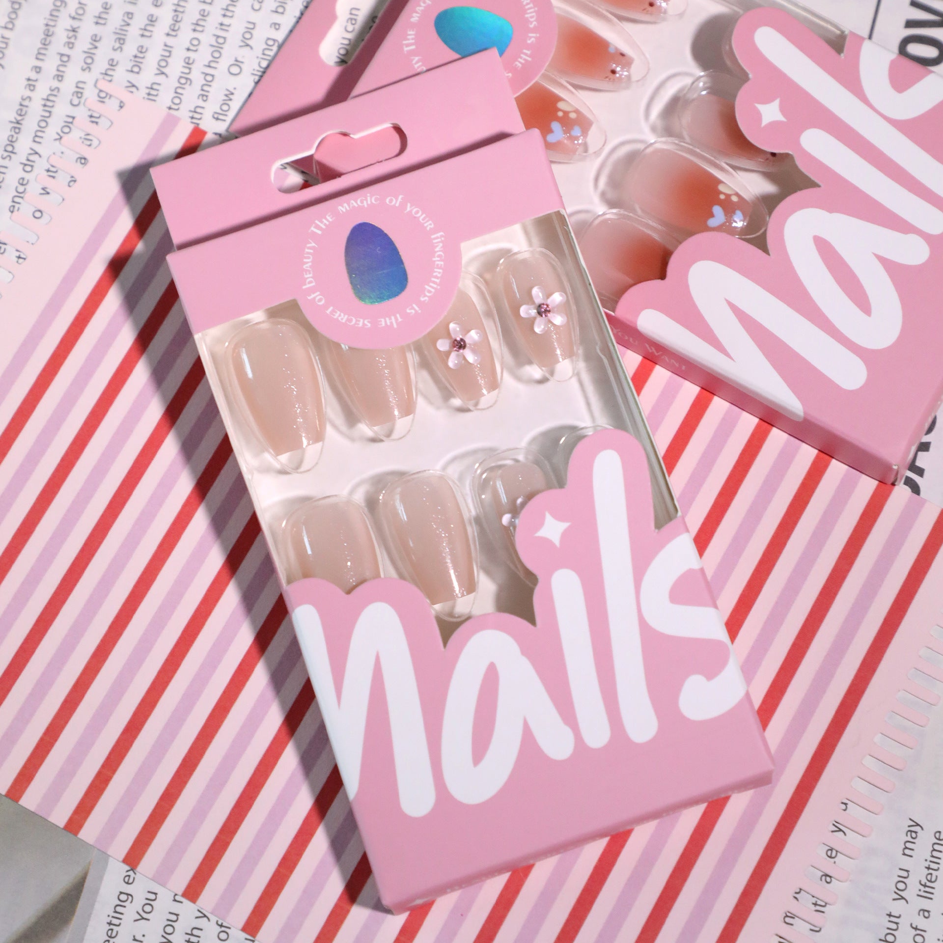 Wholesale 24 Pieces/box Pearlescent Pink Bow Nails Kits Nail Stickers