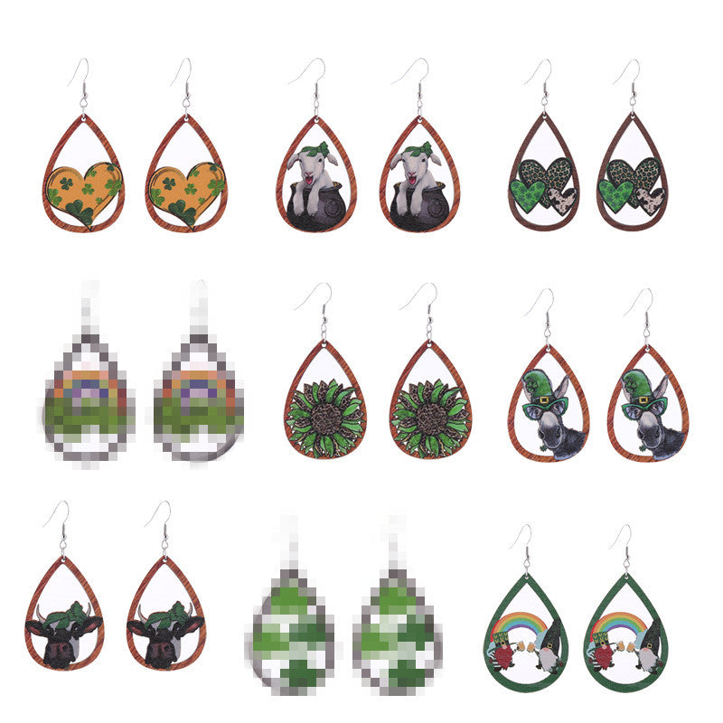 Wholesale Cross Mirror St. Patrick's Day Wood Earrings