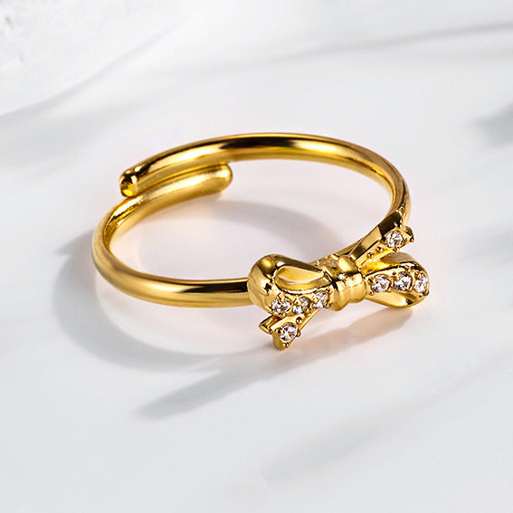 Wholesale 2PCS Steel-titanium bow zircon ring adjustable