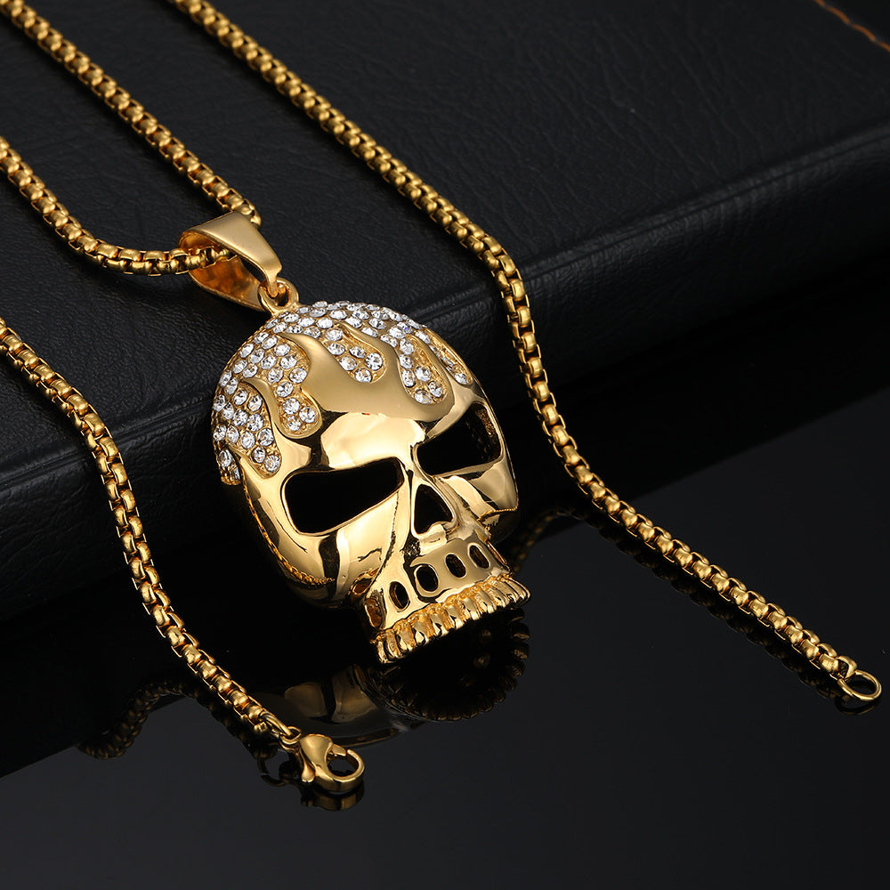 Wholesale street style fire shadow skull titanium steel gold plated necklaces